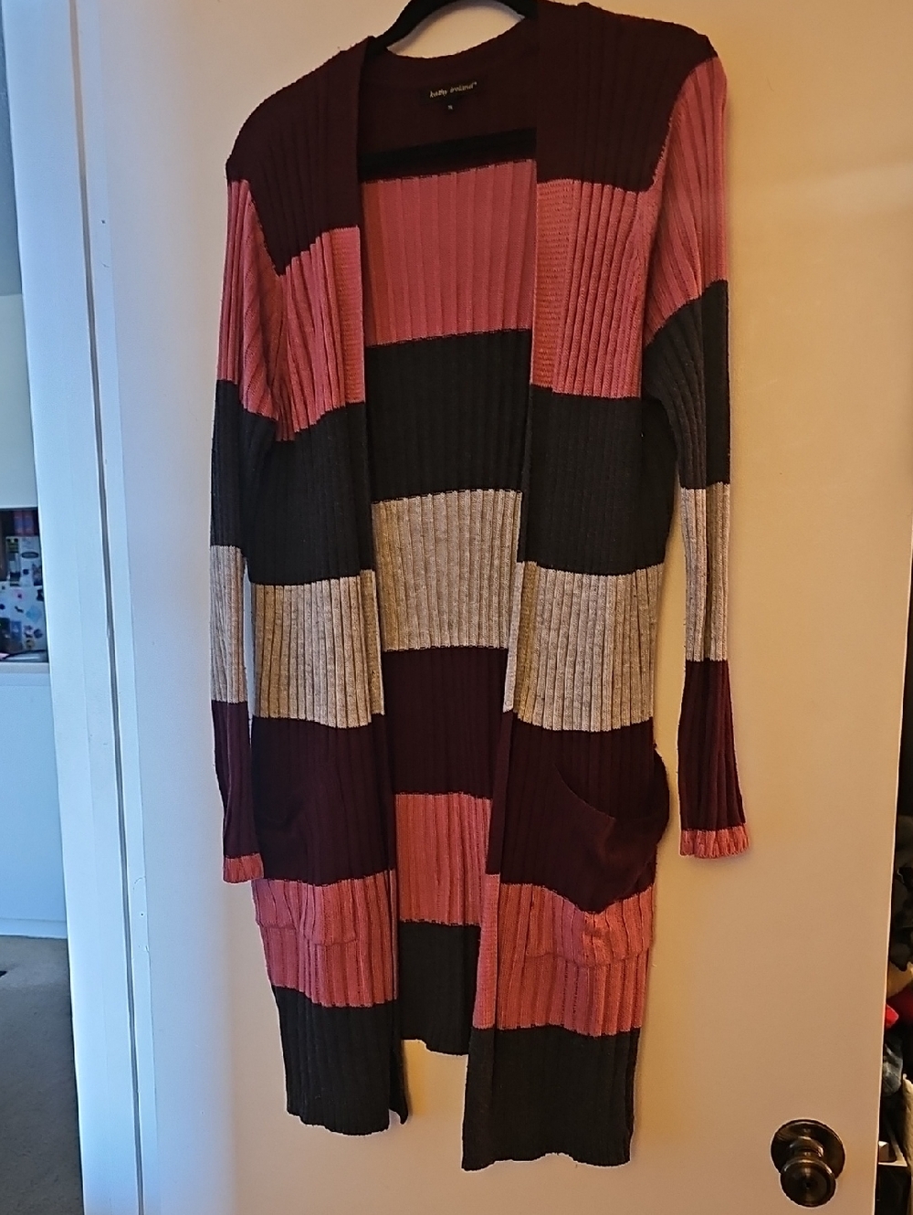 kathy ireland Ribbed Open-Front Stripe Cardigan in Pink, Maroon, Gray